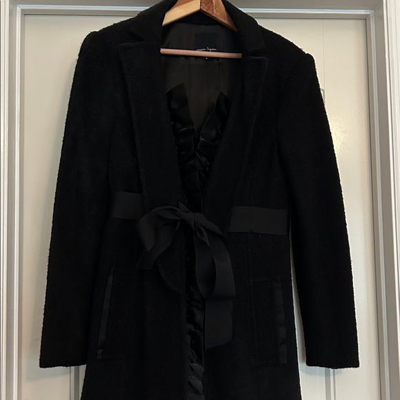 Nanette Lepore - Black Wool blend Belted Coat with Satin style Trim. Size 8 - Picture 2 of 11